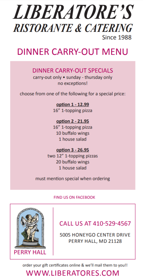 Perry Hall Dinner Carryout Pg1 | Olde Town Restaurant & Bakery